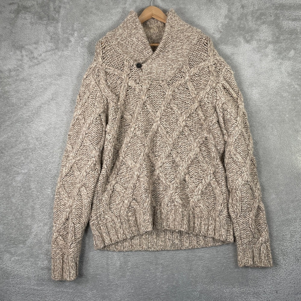 Eddie Bauer Sweater Womens XL Tan Cable Knit Chunky Wool Blend Shawl Neck